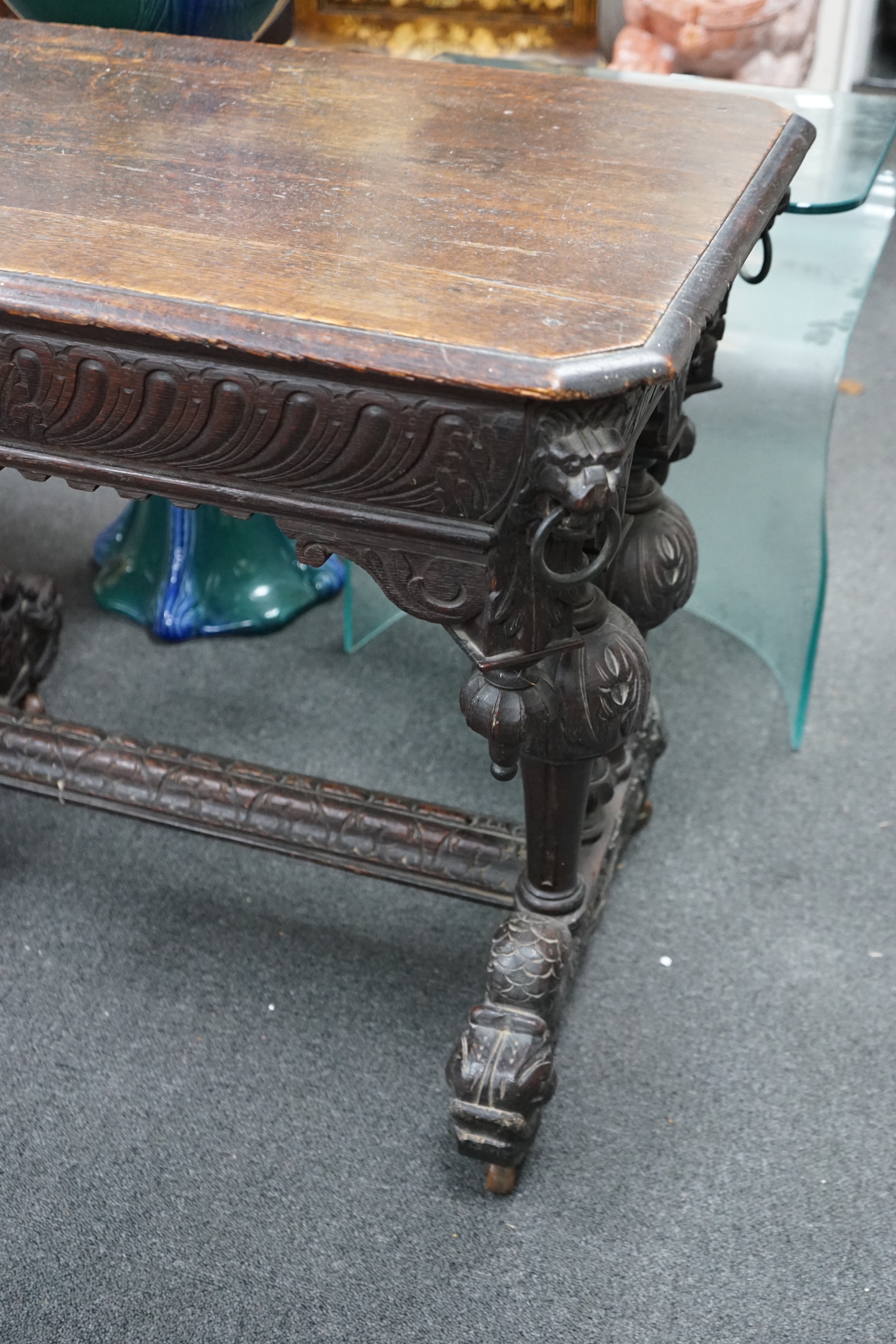 A 19th century Flemish carved oak centre table, width 82cm, depth 57cm, height 72cm